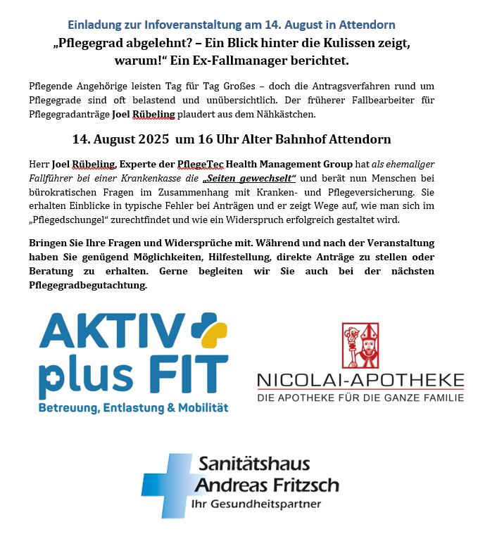 Einladung Informationsveranstaltung Pflegegradantrag am 14. August 2025 in Attendorn. 