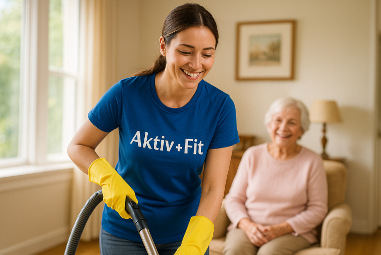 Aktiv + Fit unterstützt im Haushalt in Attendorn, Finnentrop, Olpe Ein junger Mann in einem blauen T-Shirt mit Aufschrift Aktiv + Fit spricht lächelnd mit einem älteren Mann und hilft bei der Reinigung.