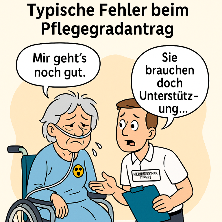 Ein älterer Mann spricht besorgt mit einer Rollstuhlfahrerin über Pflegebedarf.