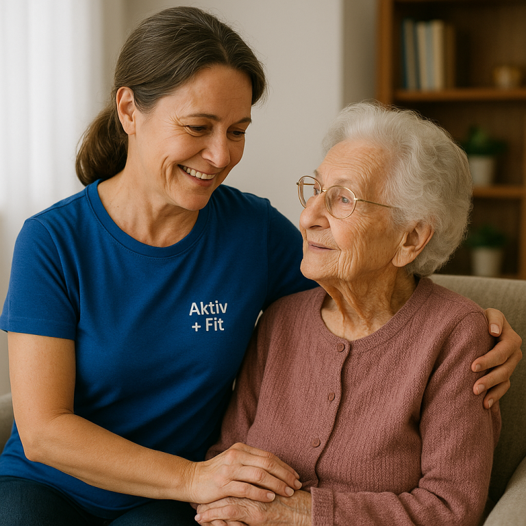 Aktiv + Fit, individuelle Betreuung Eine junge Frau lächelt eine ältere Dame an, beide sitzen auf einem Sofa.